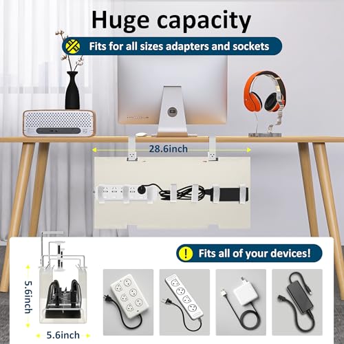 28" Small Under Desk Cable Management Tray No Drill, Compact Clamp On Cord Organizer for Dorm & Small Desk, Anti-Sag Oxford Fabric Wire Hider, Power Strip Holder (Beige, 28.6") - color: Beige, size: 28.6"×5.6"