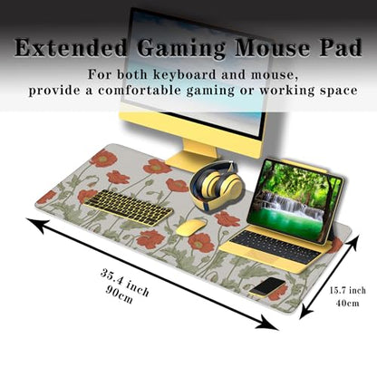 Gaming Mouse Pad Red Work Desk Mat, Large Mouse Pads Computer Deskmat, The Desk Mat Non-Slip Rubber Base Waterproof with Stitched Edges, 35.4" X 15.7" for Work/Game/Office/Home Poppies Flower - color: Red Poppies Flower