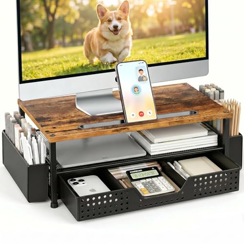 Desk Organizer and Accessories, 2-Tier Computer Monitor Stand Rise with Phone Holder, Drawer & 2 Pen Holders, Laptop & Printer Stand for Desktop, Workspace Organizers for Office Supplies (Brown Wood) - color: Brown Wood