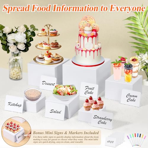 6 Pcs White Acrylic Buffet Risers with Mini Sign and Maker, Food Display Stands for Buffet Table Party Catering Dessert Jewelry Collectibles,Nesting Cube Boxes with Hollow Bottoms (8",7",6",5",4",4") - color: 8" 7" 6" 5" 4" 4"