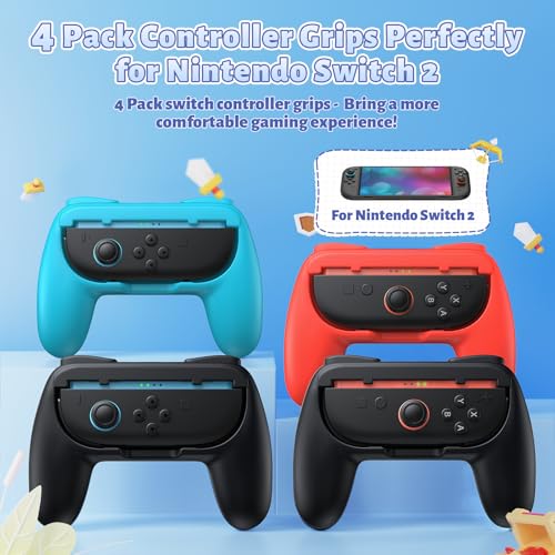 FASTSNAIL 4 Pack Grips for Nintendo Switch 2 (2025) for Joy-Con 2, Wear-Resistant & Anti-Slip Joypad 2 Handle Kit with 12 Thumb Caps, Switch 2 Holder Accessories for Joycon 2 (Black,Black,Red,Blue) - color: Black, Black, Red, Blue, size: Switch 2 7.9inch