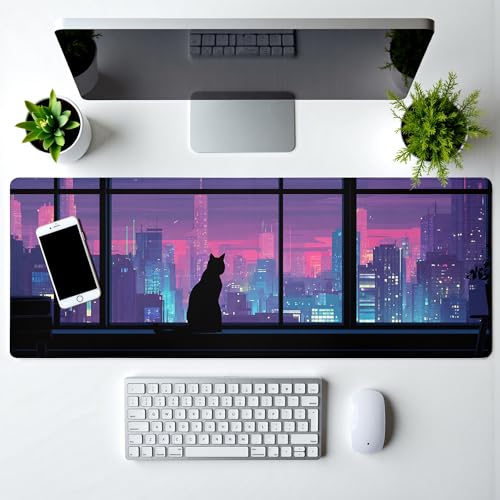 Cat Gaming Mouse Pad Abstract Kawaii Mouse Pad 31.5x11.8 Inch Cute Japanese Anime Desk Mat Non-Slip Rubber Base Large Mousepad Stitched Edges Keyboard Mouse Mat Desk Pad for Office and Home - color: Cat