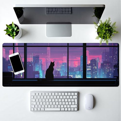 Cat Gaming Mouse Pad Abstract Kawaii Mouse Pad 31.5x11.8 Inch Cute Japanese Anime Desk Mat Non-Slip Rubber Base Large Mousepad Stitched Edges Keyboard Mouse Mat Desk Pad for Office and Home - color: Cat