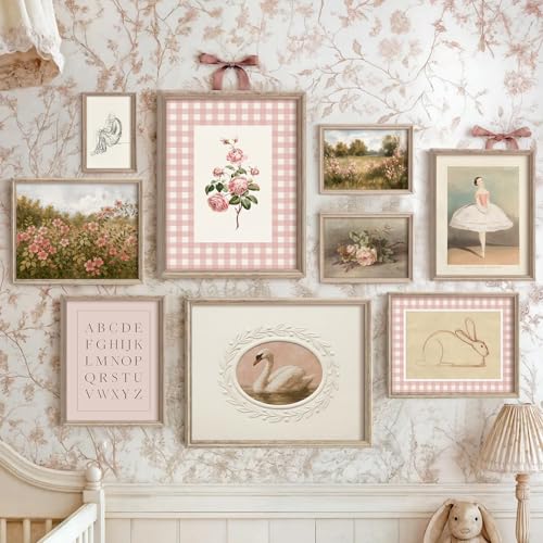 Vodefoad Pink Nursery Wall Art Set Retro Baby Girl Nursery Wall Decor Cute Kids Room Decor Swan Rabbit Landscape Canvas Painting Vintage Girls Gallery Art Antique Pink Nursery Poster for Kids Bedroom, Nursery Room Decor- Unframed - color: Pink Nursery, si