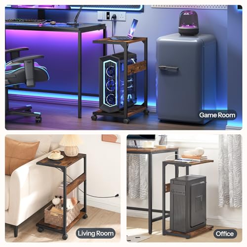 HOOBRO Computer Tower Stand, PC Stand with Charging Station, 2-Tier PC Tower Stand with Locking Caster Wheels, CPU Stand Fits Most PCs, PC Stand for Floor, for Home Office Rustic Brown BF01UCJ01G1 - color: Rustic Brown, Black
