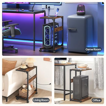 HOOBRO Computer Tower Stand, PC Stand with Charging Station, 2-Tier PC Tower Stand with Locking Caster Wheels, CPU Stand Fits Most PCs, PC Stand for Floor, for Home Office Rustic Brown BF01UCJ01G1 - color: Rustic Brown, Black