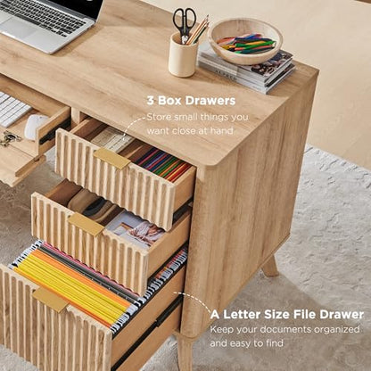T4TREAM 60'' Fluted Executive Desk with Drawers, Modern Home Office Computer Desk with Charging Station, Keyboard Tray, File Drawer and Storage Cabinet for Study, Living Room, Bedroom, Natural Oak - color: Natural Oak