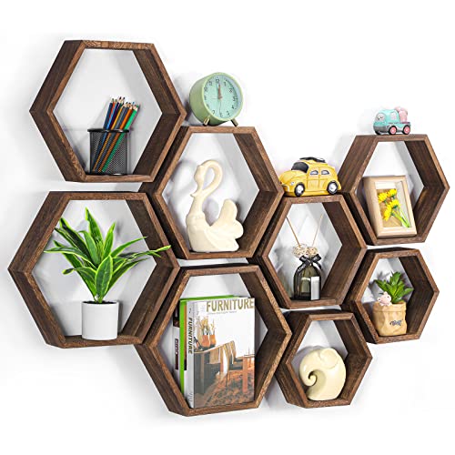 Hexagon Floating Shelves Set of 8 Wood Hexagonal Shelves Brown Wall Decor and Storage Racks for Living Room Floating Honeycomb Plants Shelf Farmhouse Wall Hexagon Hanging Shelf for Bedroom Home - color: Brown, size: 8 Pack