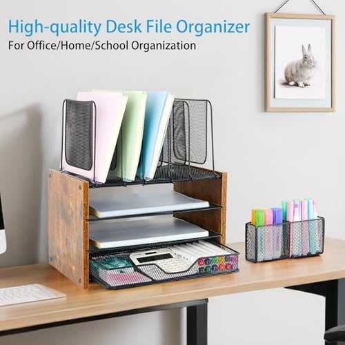 OPNICE Desk Organizer, 4-Tier Desktop File Organizer with Drawer and Pen Holders, Office Desk Accessories, File Sorters, Workspace Organizers for Office Supplies(Brown) - color: Brown, size: 4-tier