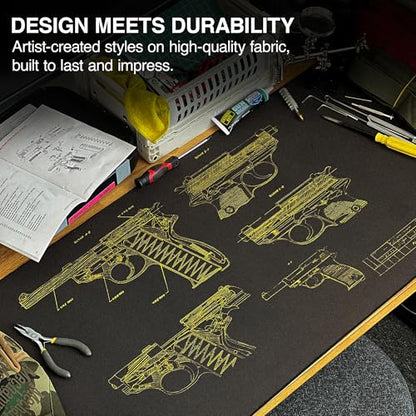 MPCO. Blueprints Large Gaming Desk Pad - 36" x 17" Aeroglyde Fabric Pistol 38 – Black/Yellow Desk Mats - Non-Slip, Washable, Smooth Glide for Precision Gaming & Work - color: Aeroglyde Pistol 38 – Black/Yellow