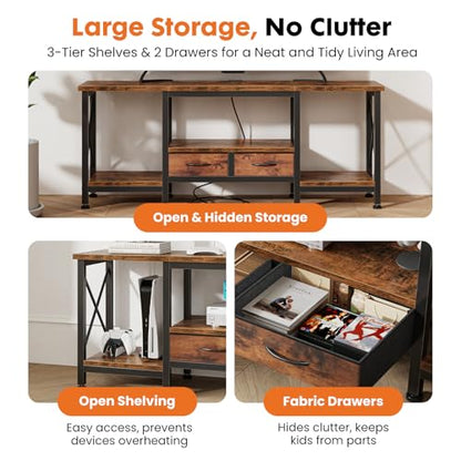 DUMOS 55" TV Stand with Power Outlets, Fabric Drawers & Open Shelves, Brown | Entertainment Center for TVs Up to 65", Media Console TV Table for Living Room & Bedroom - size: 55 Inch