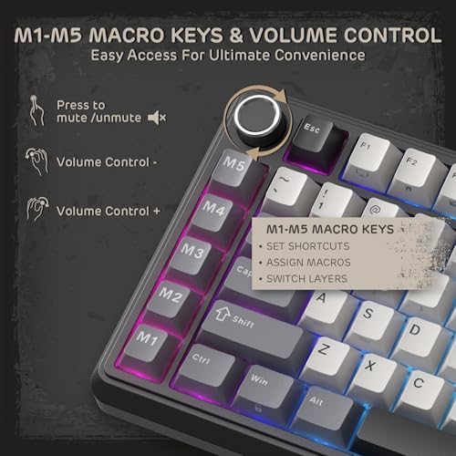 RK ROYAL KLUDGE L75 Gasket Mount Mechanical Keyboard w/Knob/Macro Keys & Touchable Nameplate, Tri-Mode 75% TKL Wireless Keyboard BT/2.4G/USB-C, Hot Swappable, Pro Software, Massive 8000mAh Battery - color: Knight Black, size: Linear Cream Switch