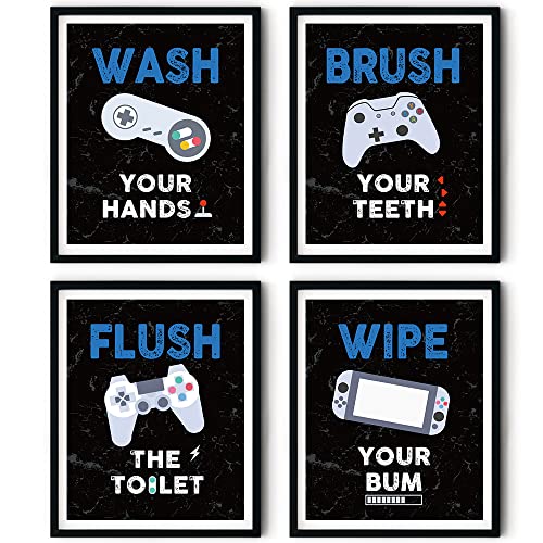FALJIOK Funny Game Wall Decor for Bathroom, Gaming Video Game Art Prints for Son Gamer, Inspirational Bathroom Poster Set of 4(8" x 10") Unframed