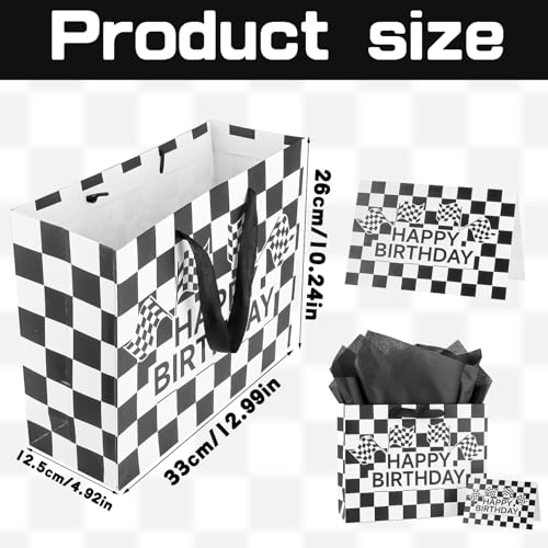 LERCTH Racing Car Happy Birthday Bag Black Grid Gift Bags Paper Tote Bag with Handles Gifts Wrap Paper Reusable Birthday Gift's Bag for Men Women Boys Teenager Soccer Boy - color: Checkered Racing gift bag, size: 1 count (Pack of 1)
