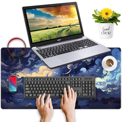 Blue Clouds Desk Mat Large XXL Gaming Mouse Pad Non-Slip Rubber Base Mousepad, Cool Office Desktop Decor Desk Pad, Computer Laptop Keyboard and Mouse Mat with Stitched Edges, 31.5x15.75 in - color: Blue Clouds