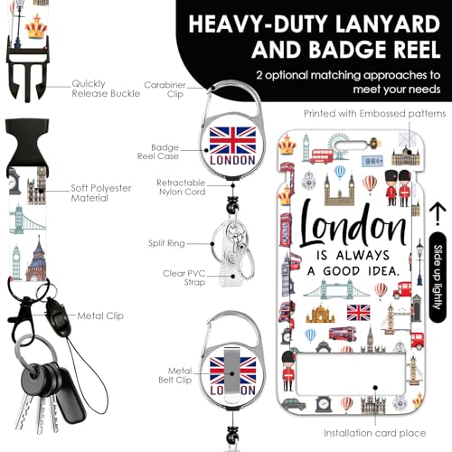 Lanyards for ID Badge, London ID Badge Holder with Retractable Reel Clip and Keychain, Vertical Heavy Duty Identity Card Cover Case Protector, Lanyard with Id Holder for Teacher Nurse - color: London-white
