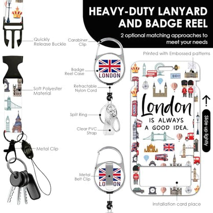 Lanyards for ID Badge, London ID Badge Holder with Retractable Reel Clip and Keychain, Vertical Heavy Duty Identity Card Cover Case Protector, Lanyard with Id Holder for Teacher Nurse - color: London-white