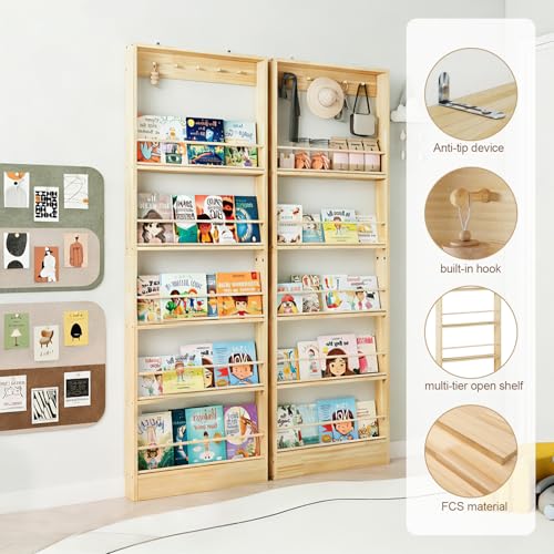 Wooden Wall Mounted Bookshelf, 5 Tier Storage Shelf with Anti Tip Device, Space Saving Organizer with Built in Hooks and Raised Edges for Living Room Bedroom Home Office