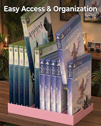 Video Game Storage Tower for PS5 / PS4 / Xbox Series X/Xbox One Game Cases, 12-Disc Capacity DVD & Blu-Ray Organizer Stand, Anti-Slip ABS Desktop Rack, No Assembly Required (1, Pink) - color: Pink