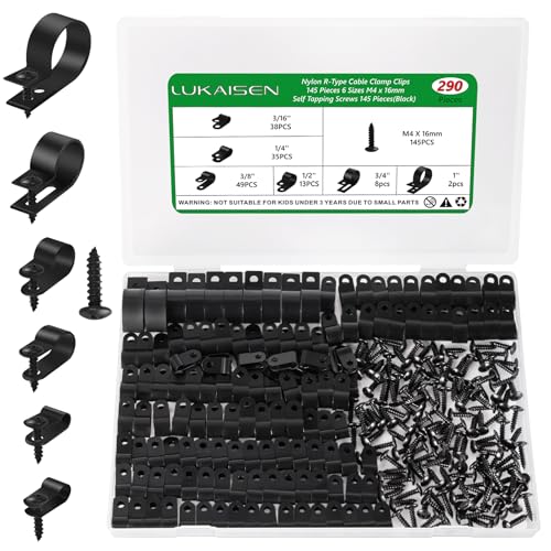 Cable Clips for Cable Management Cord Organizer, 6 Sizes 290 PCS Nylon R-Type, 3/16'' 1/4'' 3/8'' 1/2'' 3/4'' 1'' Black Plastic Screw Mounting Cord Fastener Clamp Assortment Kit with M4 Screws - color: 290PCS Black