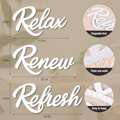 3 Pieces Bathroom Decor White Wooden Bath Room Sign Bathroom Wall Art Farmhouse Relax Renew Refresh Sign (White-large) - color: White-large