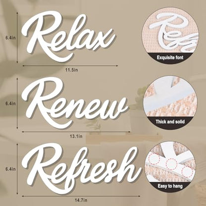 3 Pieces Bathroom Decor White Wooden Bath Room Sign Bathroom Wall Art Farmhouse Relax Renew Refresh Sign (White-large) - color: White-large