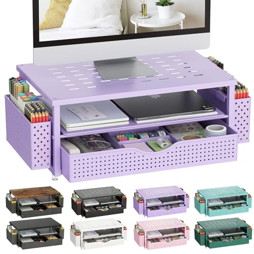 gianotter Desk Organizers and Accessories, Monitor Stand with Drawer and 2 Pen Holder, Purple Desk Accessories, Computer Stand Suitable for Offices and Dormitories (Purple) - color: Purple-Ventilated