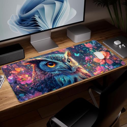 Leather Owl Desk Pad, Colorful Art Mouse Pad Large Computer Keyboard Gaming Mousepad Waterproof Desktop Protector & Cover, Decorative PU Leather Laptop Mouse Mat Home Decor 10 x 25.6 inch C81 - color: colorful-1