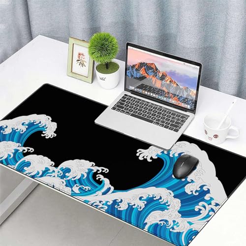 Large Mouse Pad Desk Mat 900 x 400 x 3mm Cool Sea Texture Non-Slip Rubber Base Mousepad Stitched Edges Keyboard Mat for Office Home Game - Black and White Sea Wave - color: White-black
