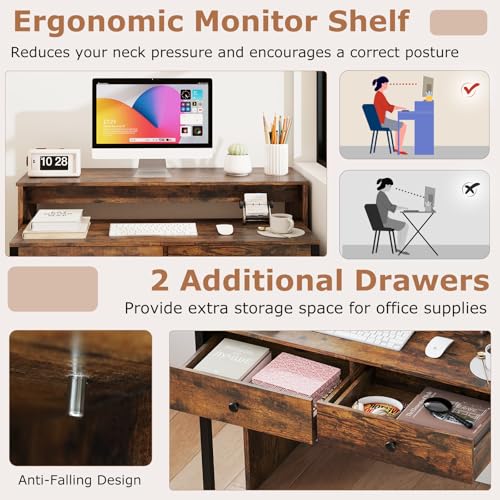Tangkula Extendable Computer Desk with 2 Storage Drawers, Convertible Home Office Desk with Monitor Shelf, Metal Frame & Lockable Wheels, Rolling Study Writing Desk (Brown) - color: Brown