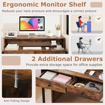 Tangkula Extendable Computer Desk with 2 Storage Drawers, Convertible Home Office Desk with Monitor Shelf, Metal Frame & Lockable Wheels, Rolling Study Writing Desk (Brown) - color: Brown