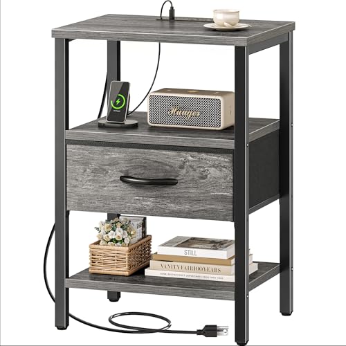 SUPERJARE Nightstand with Charging Station, Bed Side Table with Adjustable Fabric Drawer, Night Stand for Bedroom, 3-Tier Storage End Table, for Living Room, Grey - color: Grey, size: M (11.8"D x 15.7"W x 23.4"H)