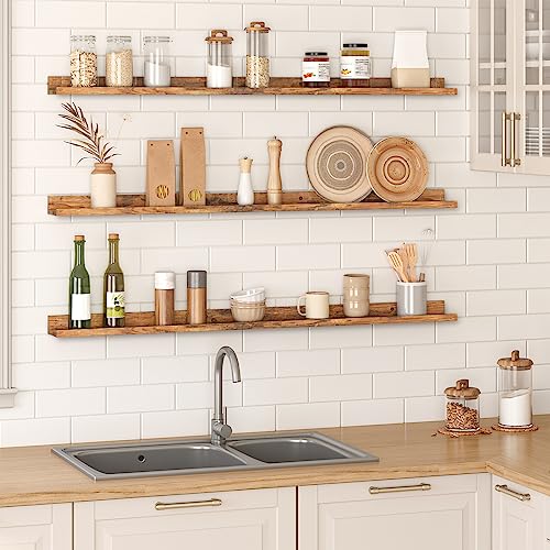 HOOBRO Floating Shelves, Wall Shelf Set of 3, 47.2 Inches Hanging Shelf with Raised Edge and Invisible Brackets, for Bathroom, Bedroom, Kitchen, Office, Living Room Decor, Rustic Brown BF92BJ01 - color: Rustic Brown, size: 47.2 Inches