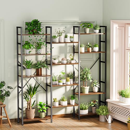 SUPERJARE Triple Bookshelf, Bookcase with 14 Open Display Shelves, Wide Book Shelf Book Case for Home & Office, 5 Tier, Brown - color: Rustic Brown, size: 5 Tier