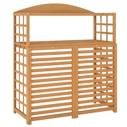 Outsunny Outdoor Air Conditioner Fence with Open Shelves, Wood Outdoor Privacy Screen Potting Table, Pool Equipment Enclosure for Patio, Slatted AC Fence for Outside Unit, Light Brown