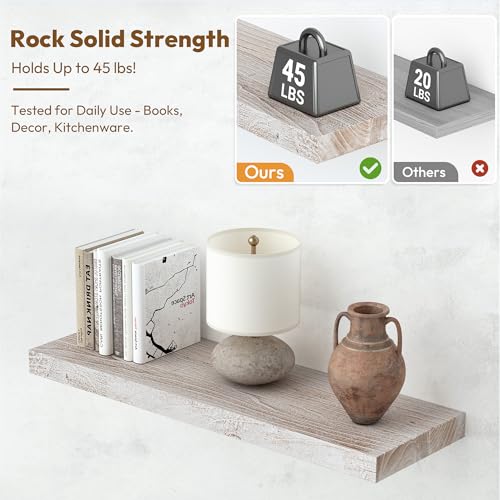 Flat Edge Elm Wood Floating Shelf with Invisible Bracket 24”Weathered White - color: Weathered White, size: 24”,set of 2