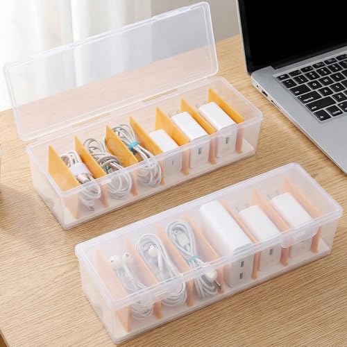2 Pack Clear Cable Organizer Box with Lid,Plastic Charger Cable Cord Storage Organizer, Stackable Office Desk Organizers, Multifunctional Accessories Storage for Home Drawer Office