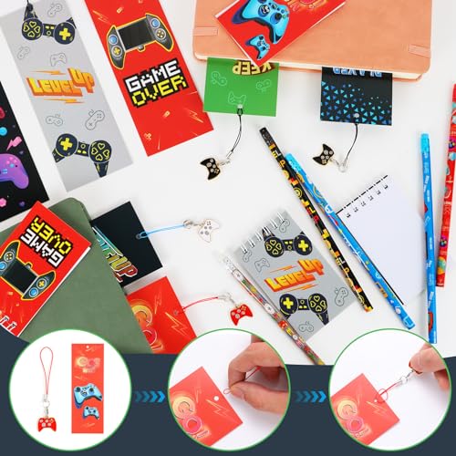 Kolewo4ever 148 Pieces Video Game Theme Stationery Set:100 Pcs Video Game Pencils 24 Pcs Game Pattern Mini Spiral Notepad Memo Pad 24 Pcs Game Metal Charms Bookmarks (Video Game)