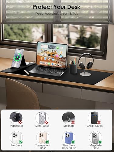 Wireless Charging Mouse Pad with Foldable Phone Holder, 15W Magnetic Fast Charging for iPhone Samsung, 31.5"x15.75" Large Desk Mat for Laptop/Keyboard, Waterproof Gaming Mousepad with Non-Slip Base - color: Magnetic+Phone Stand Black with PD Charger