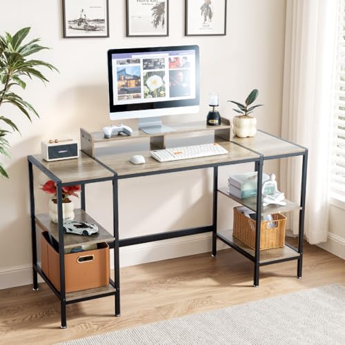 MINOSYS Gaming/Computer Desk - 47” Home Office Small Desk with Monitor Stand, Rustic Writing Desk for 2 Monitors, Adjustable Storage Space, Modern Design Corner Table. - color: Rustic, size: 47 inch