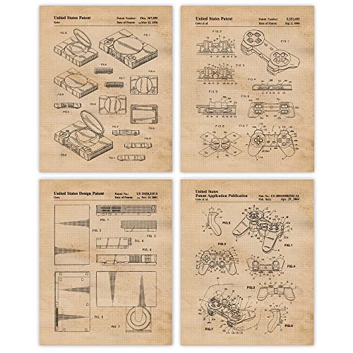 Classic Video Game Console Controller Patent Prints, 4 (8x10) Unframed Photos, Wall Art Decor for Home Work Office Gaming Tech Play Station Lounge Robotics Gears Online Shop School Student Teacher