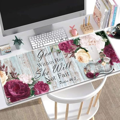 Large Gaming Mouse Pad + Mouse Wrist Rest Pad + Coaster Combination, 31.5 "x 11.8" Durable Non-Slip Extension Table Mat, Suitable for Office and Home, Bible Flower Psalm 46-5 - color: Bible Flower Psalm 46-5
