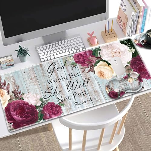 Large Gaming Mouse Pad + Mouse Wrist Rest Pad + Coaster Combination, 31.5 "x 11.8" Durable Non-Slip Extension Table Mat, Suitable for Office and Home, Bible Flower Psalm 46-5 - color: Bible Flower Psalm 46-5