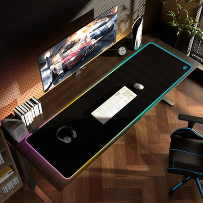 Cacoy 63" x 20" Large RGB Gaming Mouse Pad, Full Desk Extended Keyboard Mousepad with Stitched Edges, 9 Light Modes Desk Mat with Smooth Surface and Non-Slip Rubber Base, LED Computer Mouse Mat, Black - color: Rgb, size: 63" x 20"
