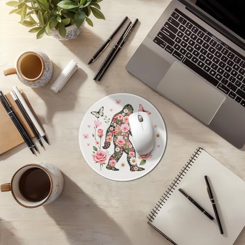 Bigfoot with Floral Round Mousepad, Bigfoot Flowers Gifts Mouse Pads for Desk Home Office Computers Laptop Accessories, Funny Flowers Butterflies Gifts Office Decor for Women, 7.9x7.9 Inch - color: 06 Color