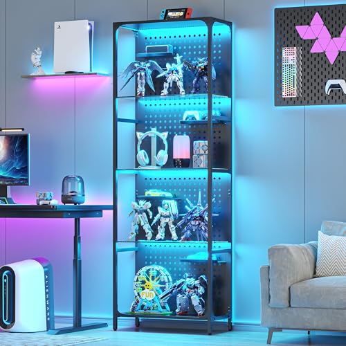 Saudism Glass Display Shelf for Collectibles, LED Black Shelf, Curio Cabinet, Lighted Tall Narrow Shelf with Pegboard Steel Frame for Gaming Room, Floor Lamp with Shelves, Living Room, Bedroom, Large - color: Black, size: Large