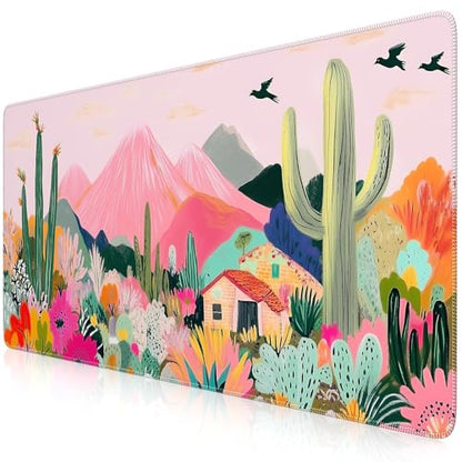 iCasso Large Gaming Mouse Pad (35"x16") - Waterproof Desk Mat with Non-Slip Rubber Base & Stitched Edges - Extended Keyboard Mousepad for Computer, PC, Office, Home Workspace (Cactus) - color: A-cactus