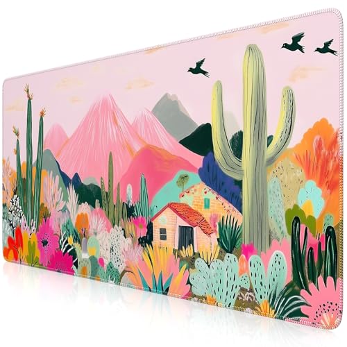 iCasso Large Gaming Mouse Pad (35"x16") - Waterproof Desk Mat with Non-Slip Rubber Base & Stitched Edges - Extended Keyboard Mousepad for Computer, PC, Office, Home Workspace (Cactus) - color: A-cactus