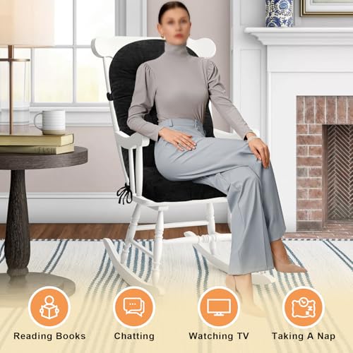 Rocking Chair Cushion - Chenille Fabric, High-Density Sponge, Durable Comfort Non-Slip Bottom Tufted Seat Pads with Ties, Chenille︱Black, 44x19x4 inch - color: Chenille I Black
