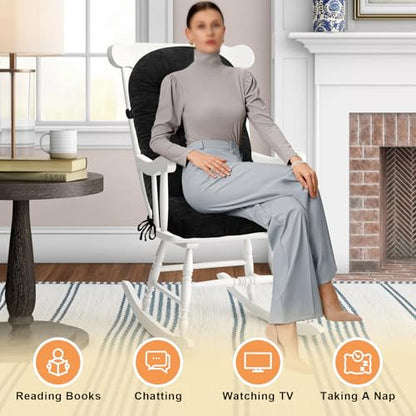 Rocking Chair Cushion -High-Density Sponge, Durable Comfort Non-Slip Bottom Tufted Seat Pads with Ties - color: Reversible | Black